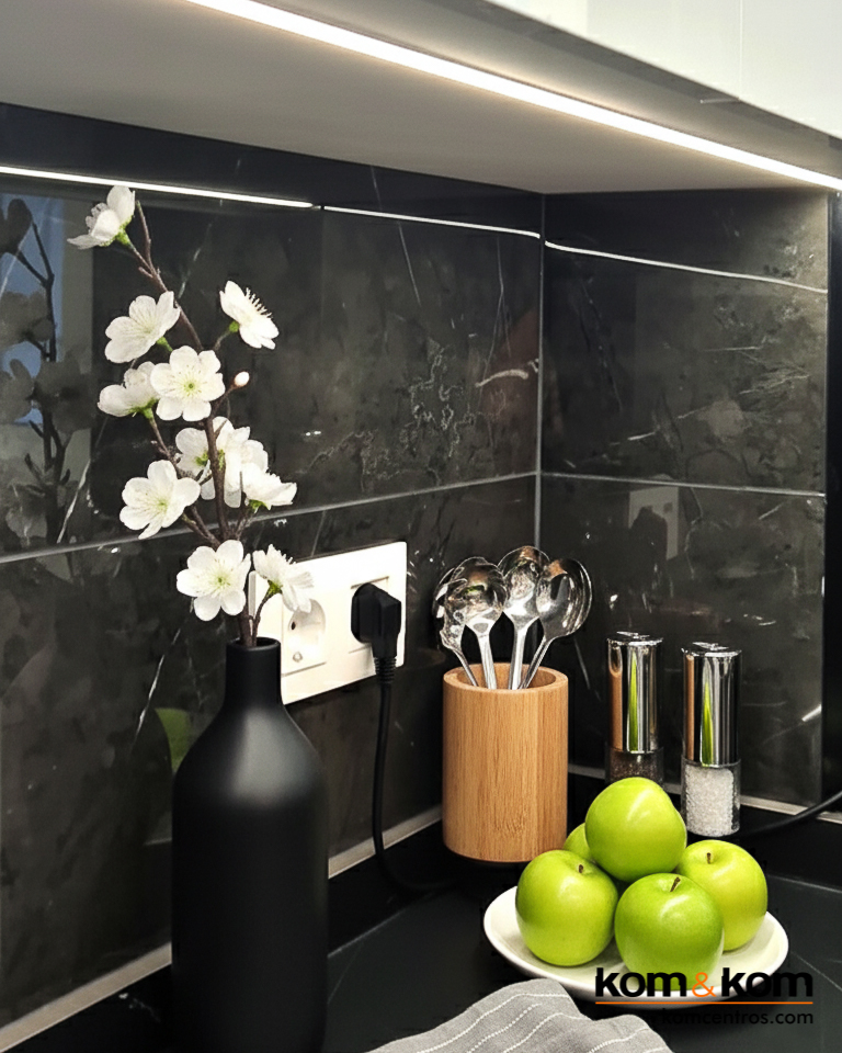 cocina elegante mármol negro blanco brillo